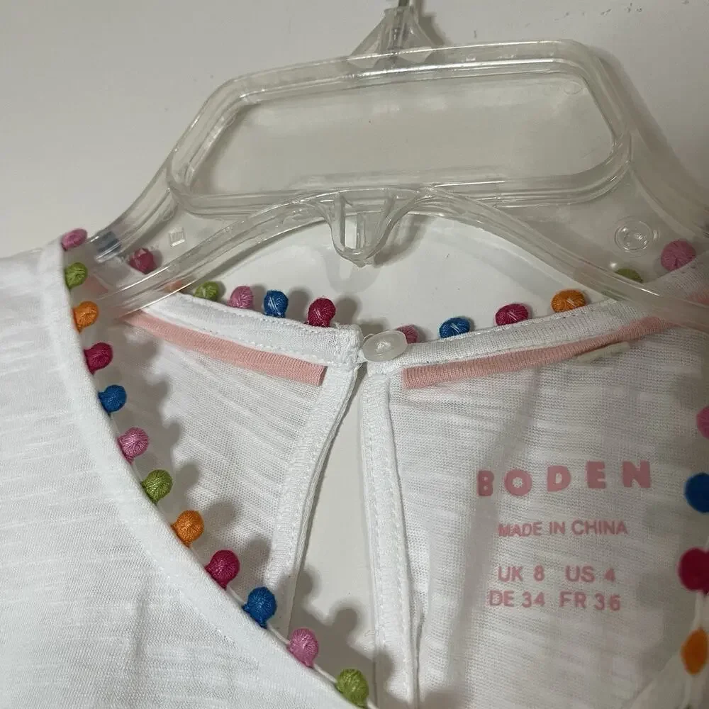 BODEN Ali Puff Sleeve Pom white cotton T-Shirt US 4